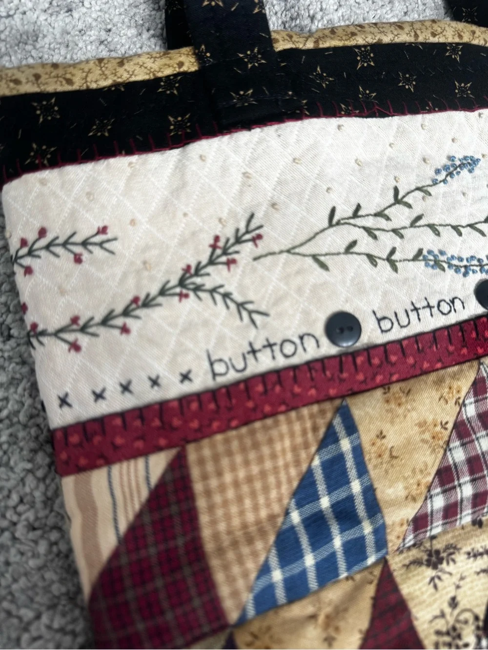 Handmade Primitive Patchwork Quilted Tote Bag Embroidered Folk Art